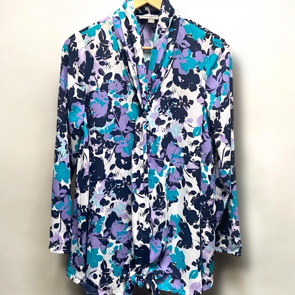 Jessica‎ London Drape Tie Front Navy/Purple Floral Print Career Top